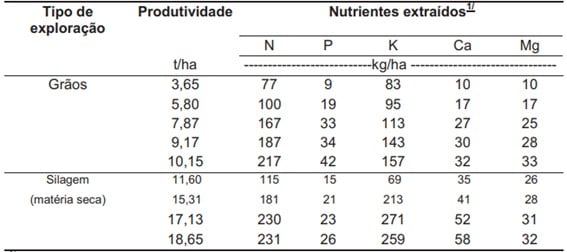 Relação entre produtividade e nutrientes extraídos (N, P, K, Ca, Mg) para grãos e silagem. A tabela apresenta dados quantitativos que demonstram o impacto da produtividade na demanda de nutrientes do solo para diferentes tipos de exploração agrícola.
