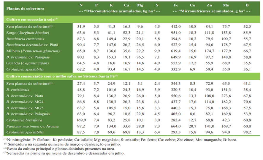 Quantidade de macro e micronutrientes presentes na biomassa de plantas de cobertura