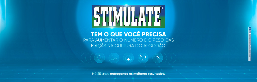 Banner STIMULATE em fundo azul. O texto informa que o produto oferece o necessário para aumentar o número e o peso das maçãs na cultura do algodão.