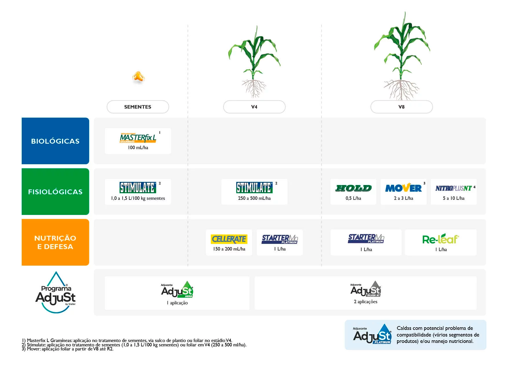 Fluxograma do Programa AdjuSt para milho, mostrando aplicações de produtos nas fases de sementes, V4 e V8 para diferentes categorias.