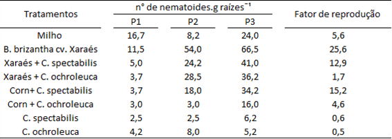 Número de nematoides Pratylenchus brachyurus por grama de planta das culturas 